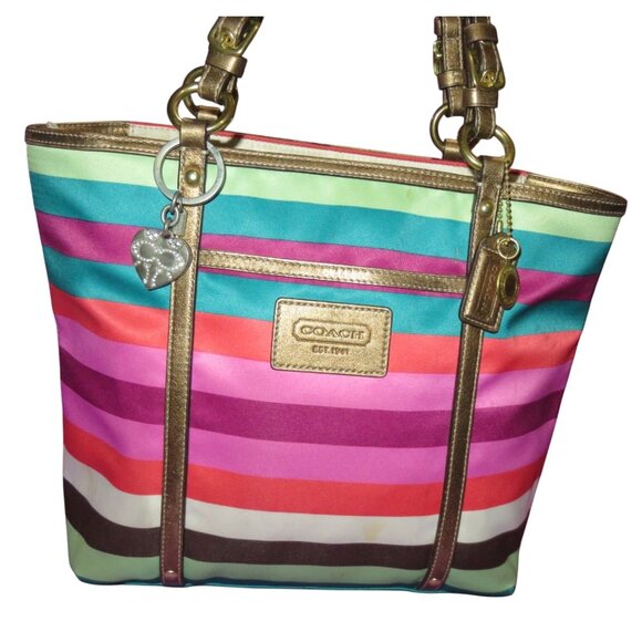 SOLD Coach 2009 Legacy Multicolor Stripe Sateen & Leather Tote Bag F14009 - Picture 1 of 13